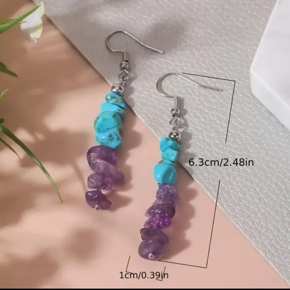 ✨🆕✨ Bohemian Purple Amethyst & Turquoise Natural Stone Ear Hook Earrings ✨